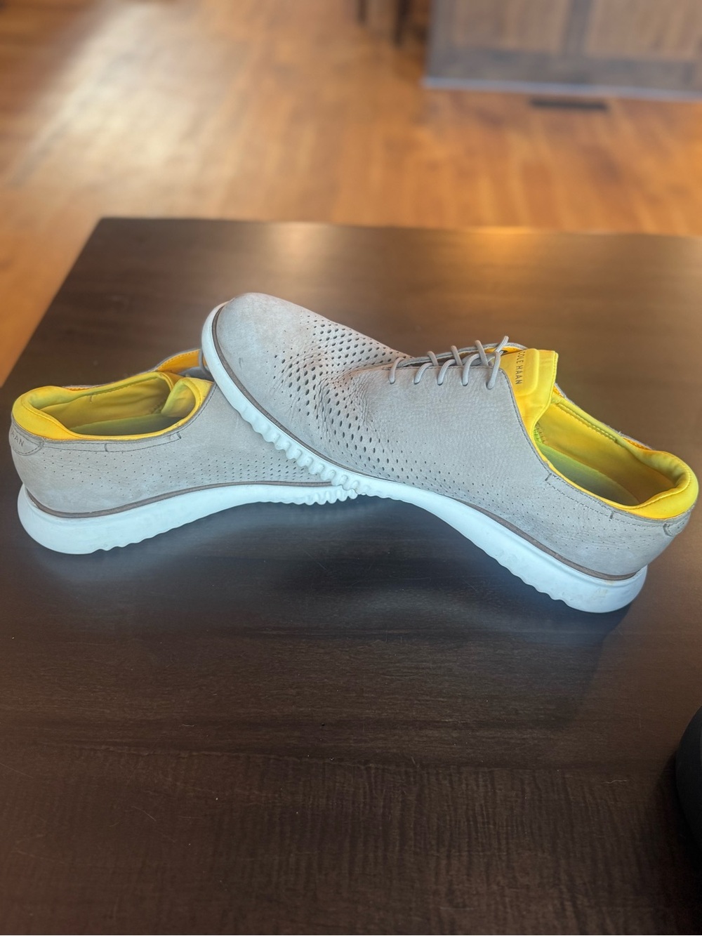 Cole Haan Taupe Suede Slip-On Sneakers with Yellow Lining